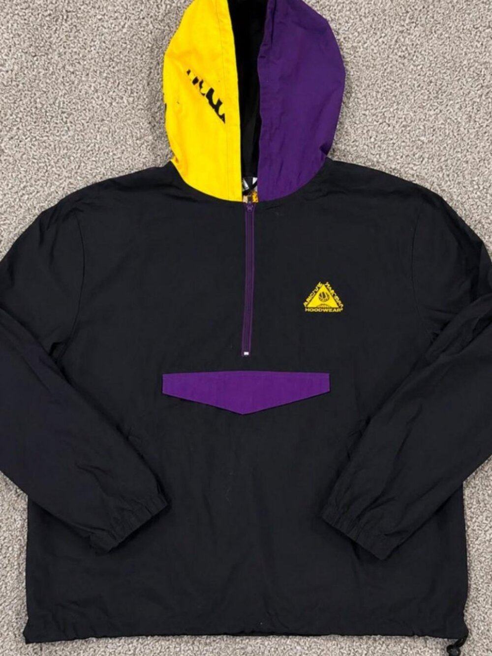 Vintage Color Block Hooded Windbreaker Pullover Jacket | Black Purple Yellow